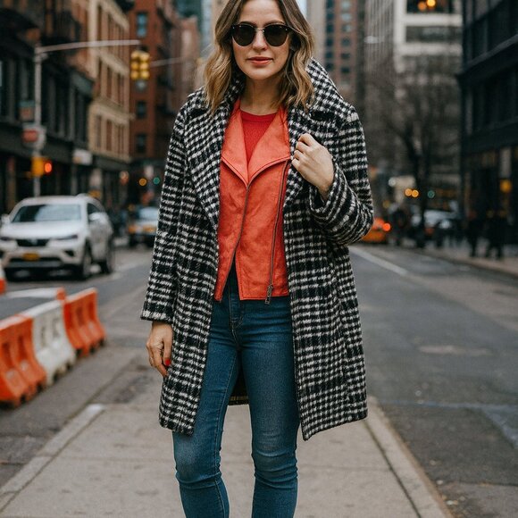 AVEC LES FILLES HOUNDSTOOTH PLAID OVERSIZED PEACOAT SIZE LARGE black & white L - Picture 12 of 12